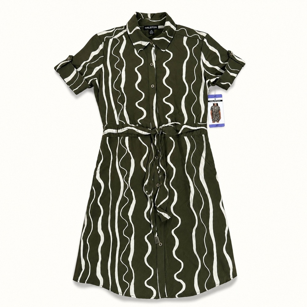 Halston Women Green Wavy Stripe Button Front Shirt Dress XS NWT 1957945